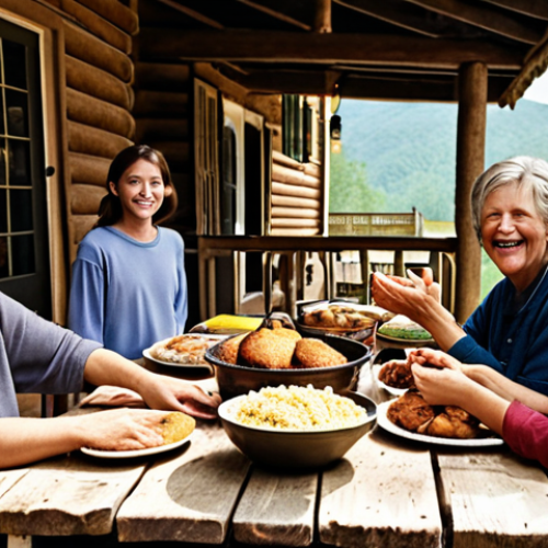 Home 13 **Warm Hospitality:** A cozy scene in a rural North Carolina mountain village. Depict locals warmly welcoming a visitor with open arms in front of a rustic home. Include details like homemade food on a table, friendly smiles, and a welcoming atmosphere.