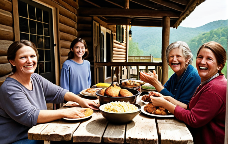 **Warm Hospitality:** A cozy scene in a rural North Carolina mountain village. Depict locals warmly welcoming a visitor with open arms in front of a rustic home. Include details like homemade food on a table, friendly smiles, and a welcoming atmosphere.