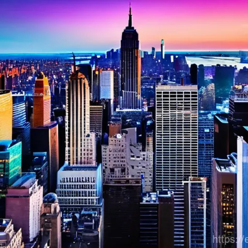 뉴욕 관광 필수 코스 - **Iconic Manhattan Skyline from Top of the Rock at Sunset:** A breathtaking, wide-angle panoramic vi...