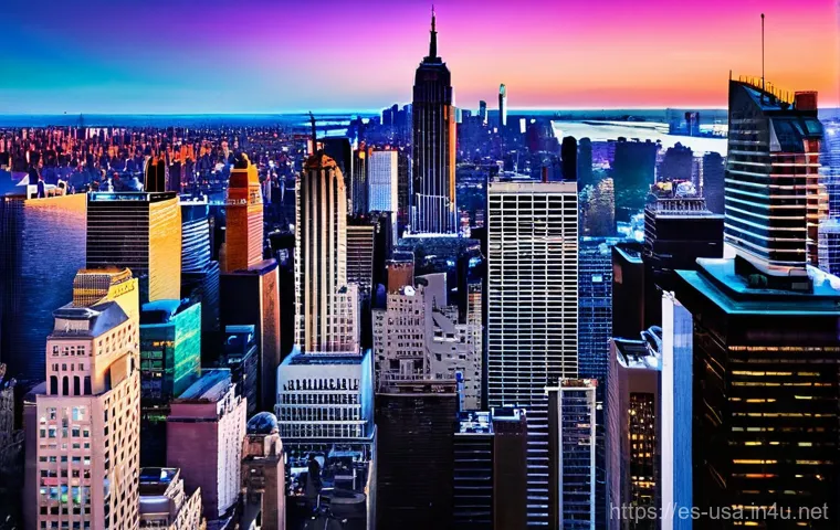뉴욕 관광 필수 코스 - **Iconic Manhattan Skyline from Top of the Rock at Sunset:** A breathtaking, wide-angle panoramic vi...