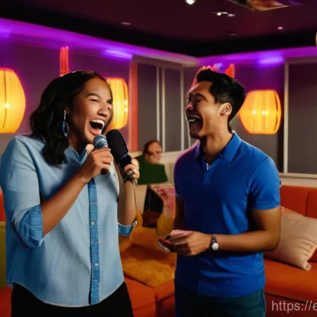 미국 유명 노래방 체인점 - **Prompt:** A vibrant private karaoke room, bathed in soft, colorful LED lighting. A diverse group o...
