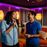 미국 유명 노래방 체인점 - **Prompt:** A vibrant private karaoke room, bathed in soft, colorful LED lighting. A diverse group o...