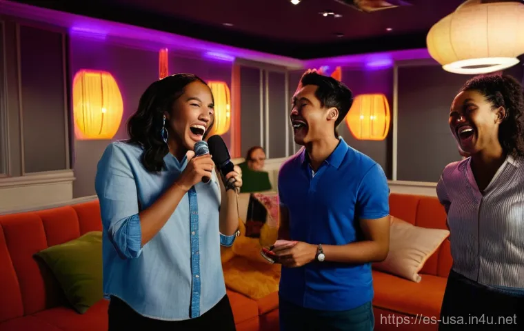 미국 유명 노래방 체인점 - **Prompt:** A vibrant private karaoke room, bathed in soft, colorful LED lighting. A diverse group o...