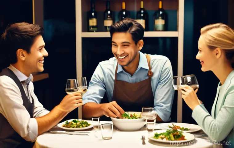 미국 여행 중 팁 문화 - **Prompt: Restaurant Service and Tipping**
"A bright and inviting restaurant interior with soft ...