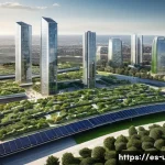 미국 친환경 도시 정책 - **Prompt:** A bustling, modern American city street scene at eye-level, where advanced green infrast...