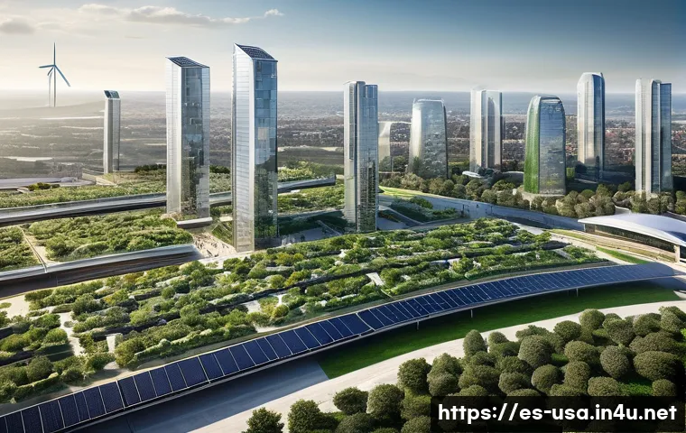 미국 친환경 도시 정책 - **Prompt:** A bustling, modern American city street scene at eye-level, where advanced green infrast...