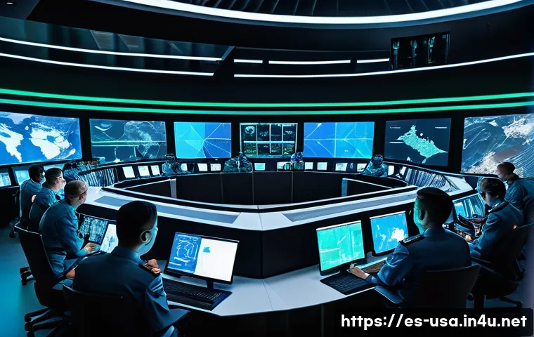 미국 군사력 세계 비교 - A futuristic military command center featuring diverse personnel engaged in real-time strategic plan...