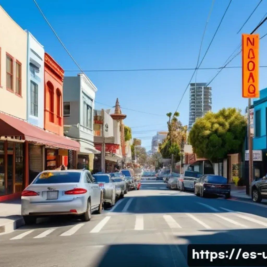 미국 도로명 유래 - A vibrant urban street scene in a culturally diverse neighborhood of Los Angeles during daytime, fea...