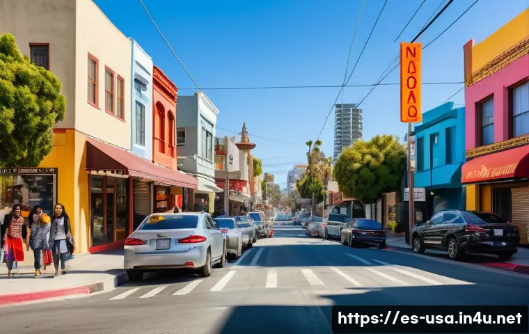 미국 도로명 유래 - A vibrant urban street scene in a culturally diverse neighborhood of Los Angeles during daytime, fea...