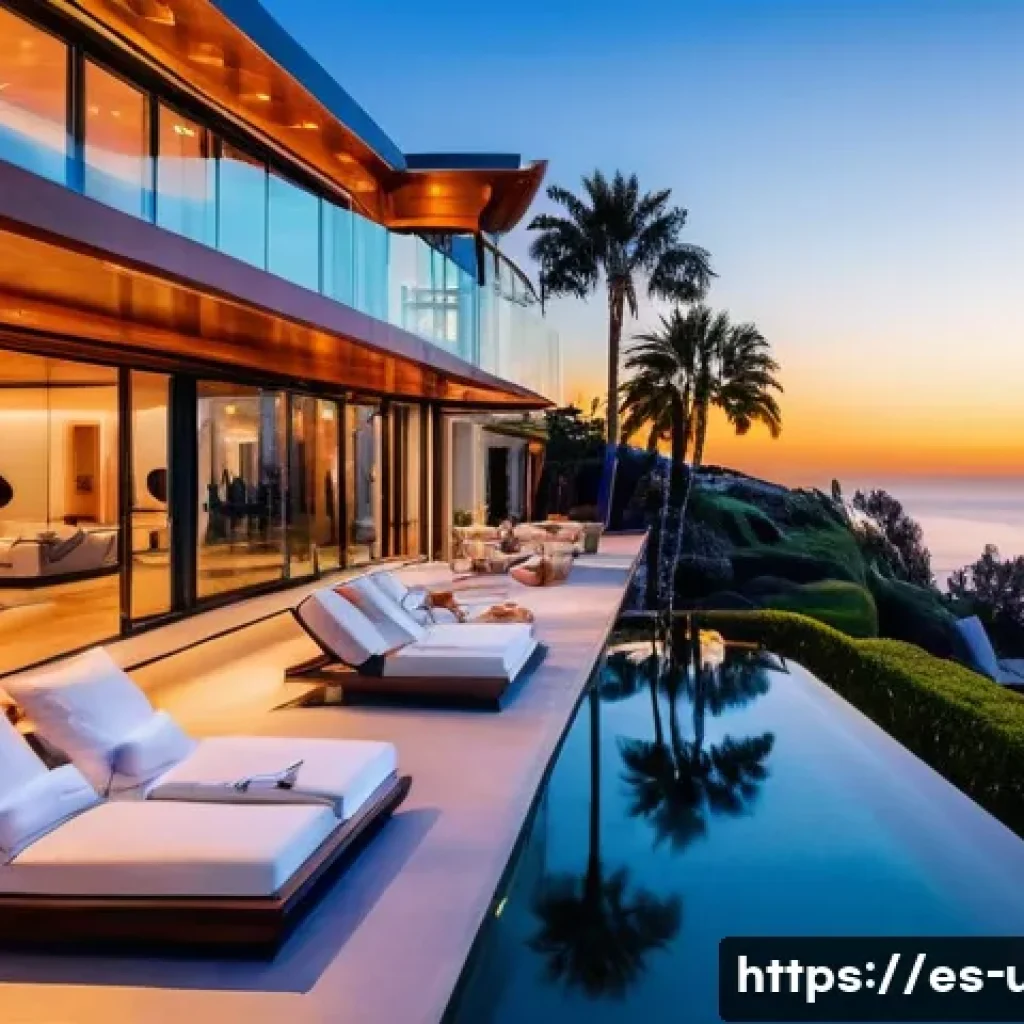 미국 유명 연예인 집 위치 - A luxurious Malibu oceanfront mansion at sunset, featuring modern architecture with large panoramic ...