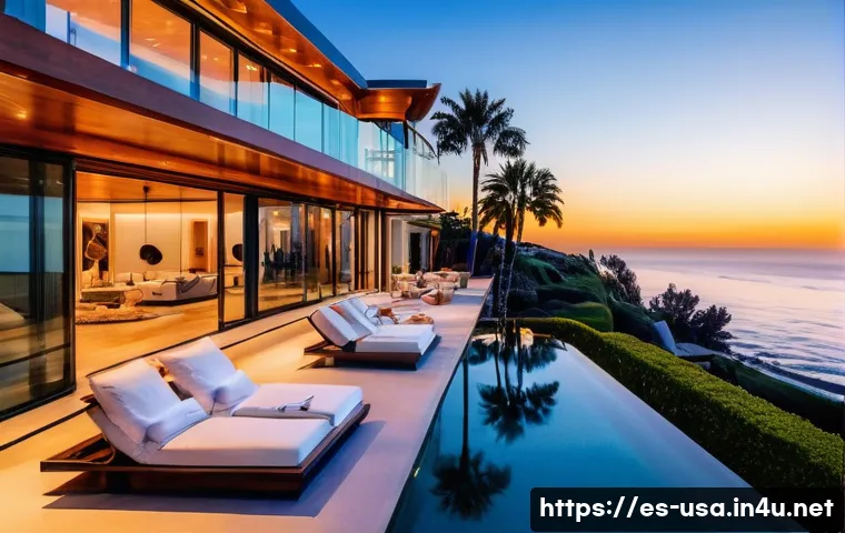 미국 유명 연예인 집 위치 - A luxurious Malibu oceanfront mansion at sunset, featuring modern architecture with large panoramic ...
