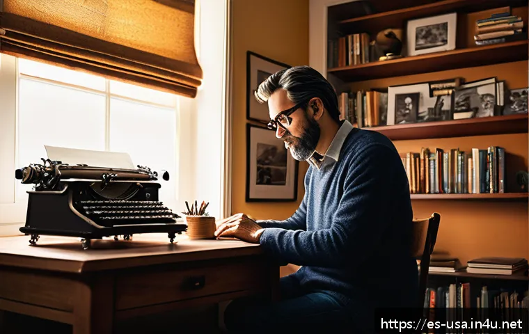 미국 유명 작가와 작품 - A cozy, intimate writer's room filled with bookshelves and warm lighting, featuring a diverse Americ...