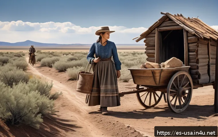 미국 서부 개척시대 생활상 - A rugged pioneer family building a sturdy shelter in the Wild West, using local materials like rough...