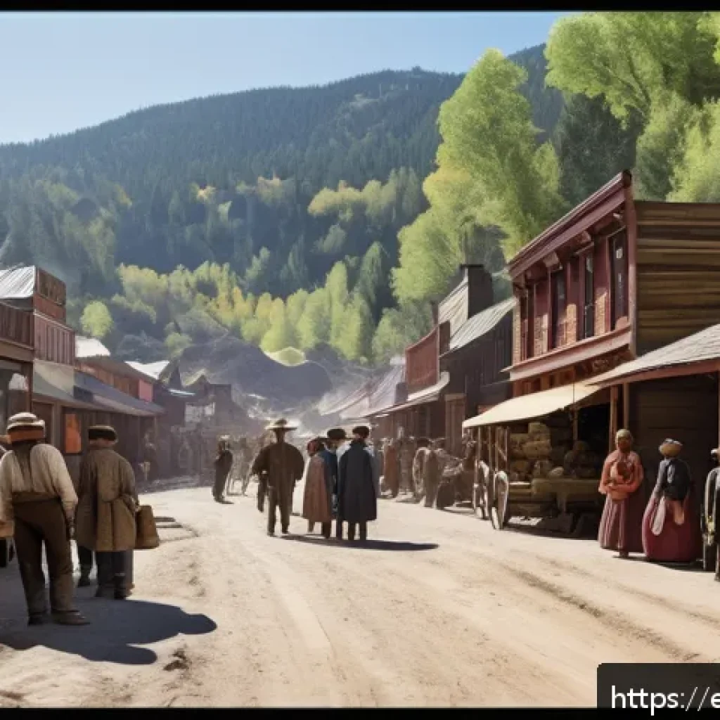 미국 내 금광 마을 역사 - A vibrant 19th-century American mining town scene during the Gold Rush, bustling with diverse miners...