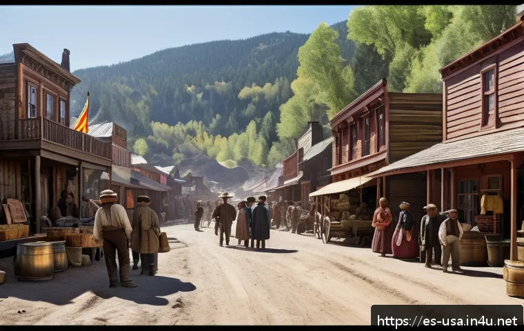 미국 내 금광 마을 역사 - A vibrant 19th-century American mining town scene during the Gold Rush, bustling with diverse miners...