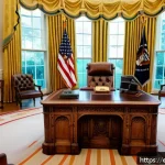미국 백악관 내부 공개 - A richly detailed interior view of the Oval Office in the White House, showcasing a harmonious blend...