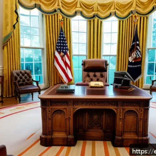 미국 백악관 내부 공개 - A richly detailed interior view of the Oval Office in the White House, showcasing a harmonious blend...