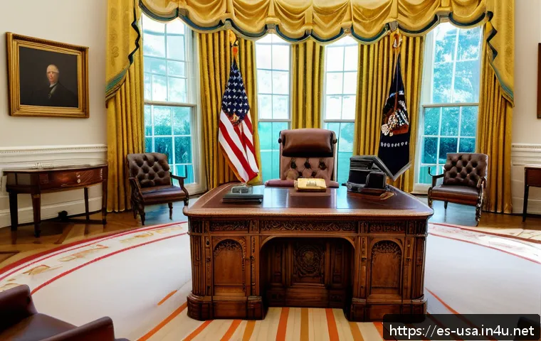 미국 백악관 내부 공개 - A richly detailed interior view of the Oval Office in the White House, showcasing a harmonious blend...