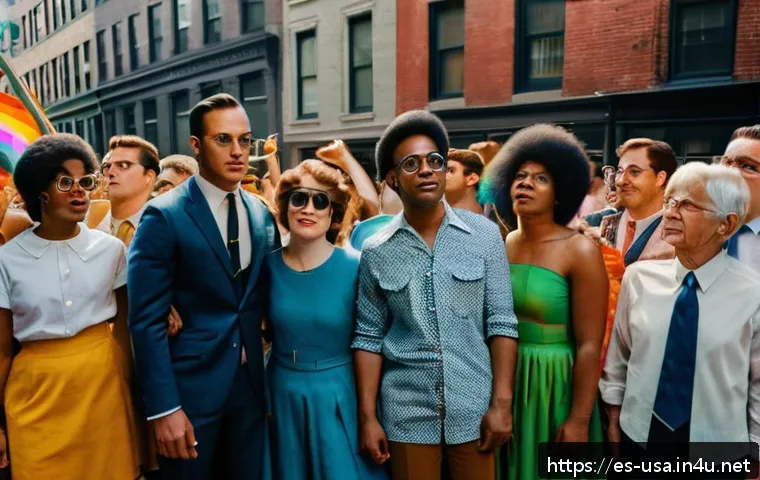 미국 LGBT 역사 - A vibrant and empowering scene of the 1969 Stonewall uprising in New York City, depicting a diverse ...