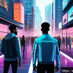 미국 드라마 추천 - A futuristic urban scene depicting diverse characters engaging with advanced AI technology in everyd...