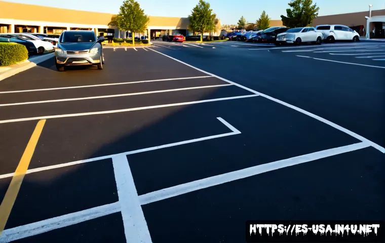 미국 주차장 이용 팁 - Photorealistic wide view of a clean American suburban shopping center parking lot, a Spanish-speakin...