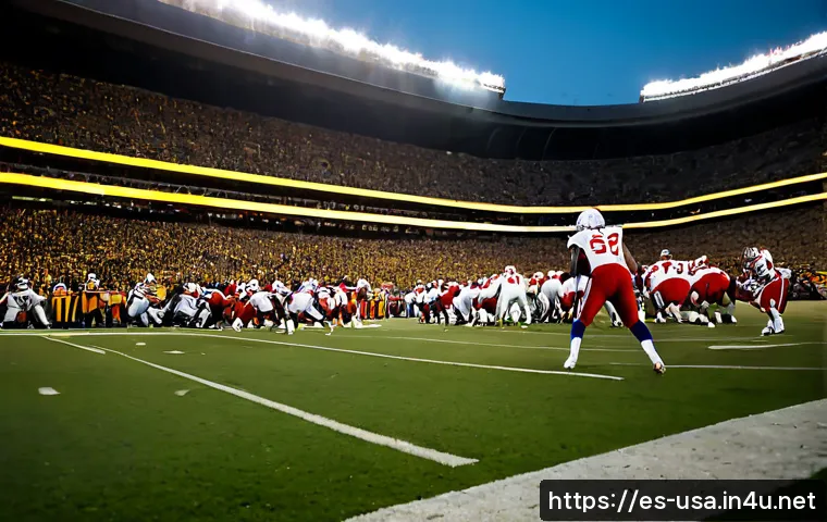 미국 NFL 슈퍼볼 명승부 - Photorealistic American football championship game at dusk, two anonymous teams in contrasting red a...