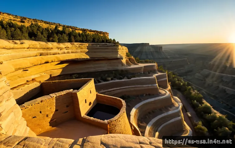 미국 원주민 역사 - Photorealistic sunrise at Mesa Verde, Colorado, wide cinematic view of ancient Pueblo cliff dwelling...